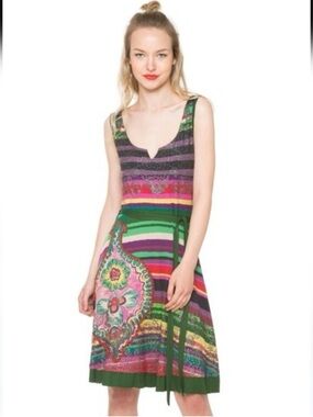 Desigual Judith Fit & Flare Sleeveless Dress XL Removable Tie Belt Bead/Sequins